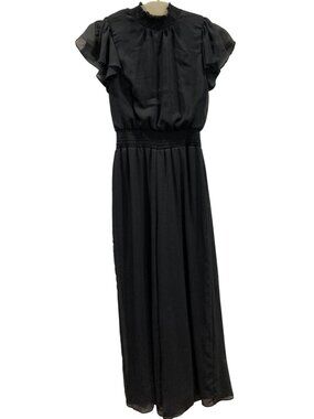 Cynthia Steffe Ruffle Jumpsuit M Petite Black Smocked Dressy Straight Dark Fairy